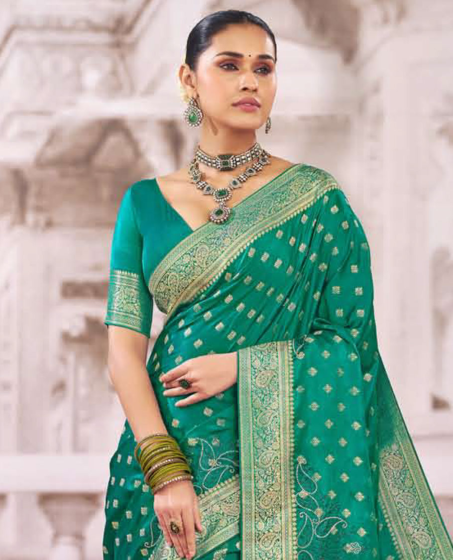 Green buttas with micro stone paisley design designer catalog saree, traditional design border, and intricate pallu