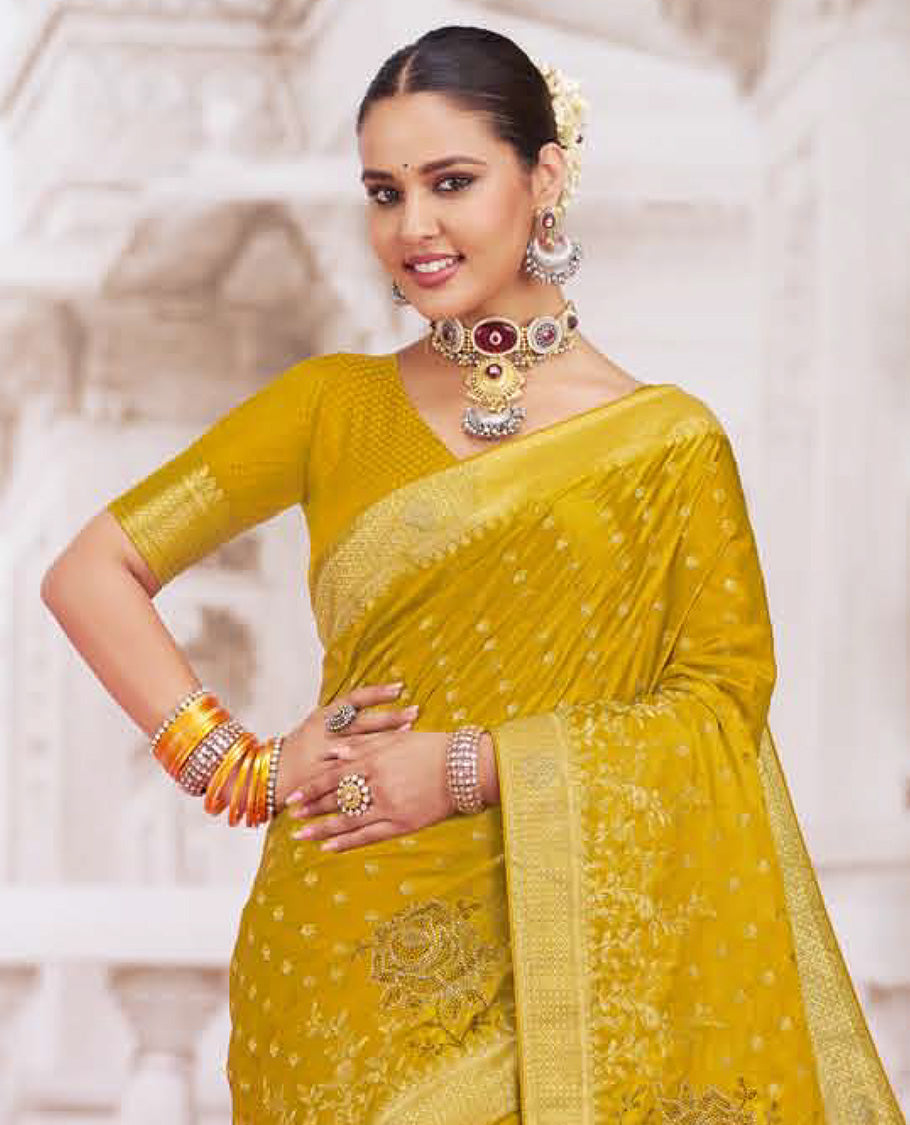 Mustard buttas with floral design micro stone work designer catalog saree, traditional design border, and intricate pallu