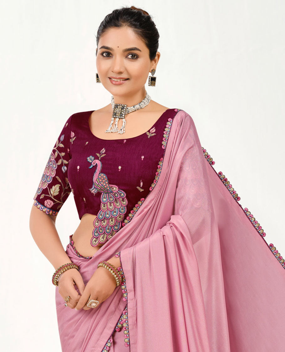 Pink Plain Designer Saree with Embroidered Scallop Border, Pallu Decked Up with a Big Beautiful Peacock Embroidery, and a Contrast Embroidered Blouse