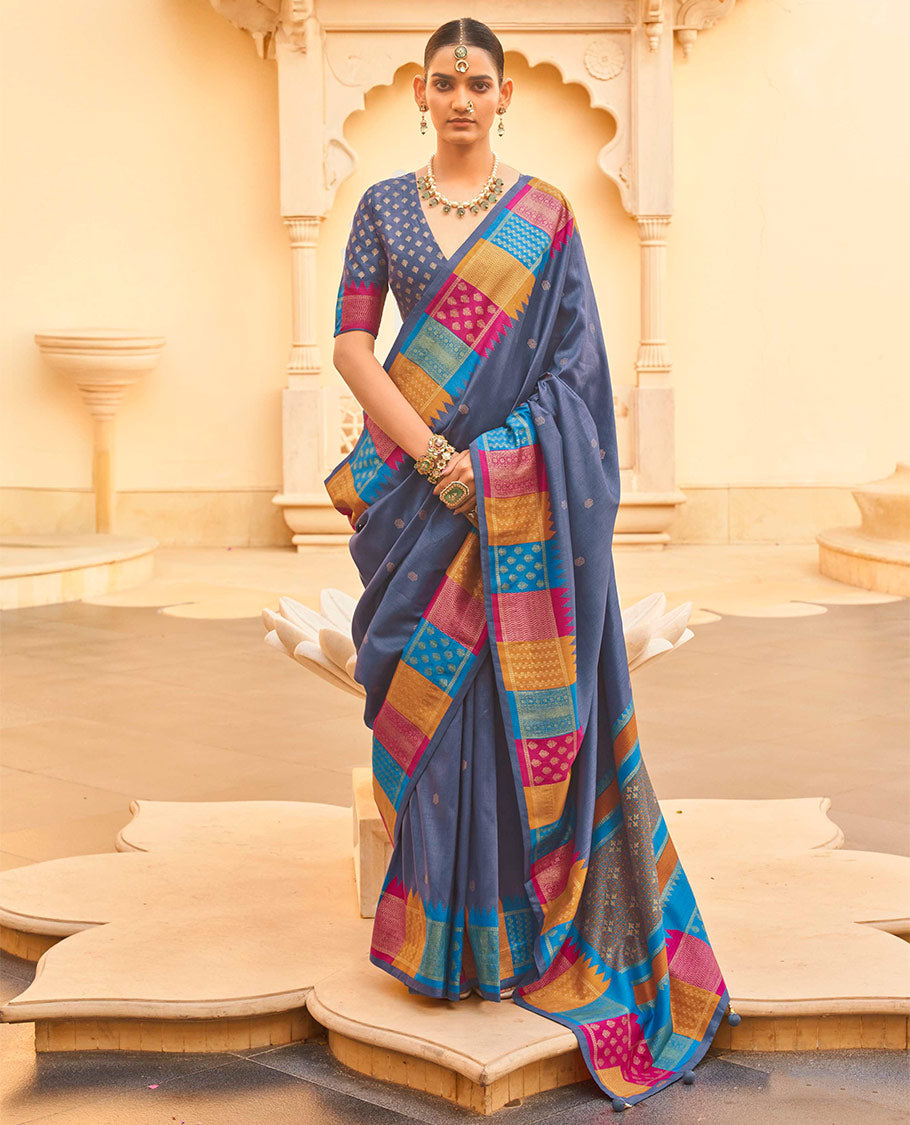 Blue-Grey Designer Saree, Styled with Buttas, Complemented by a Contrast Temple Multi-Color Butta Woven Border, Intricate Pallu, and a Matching Blouse