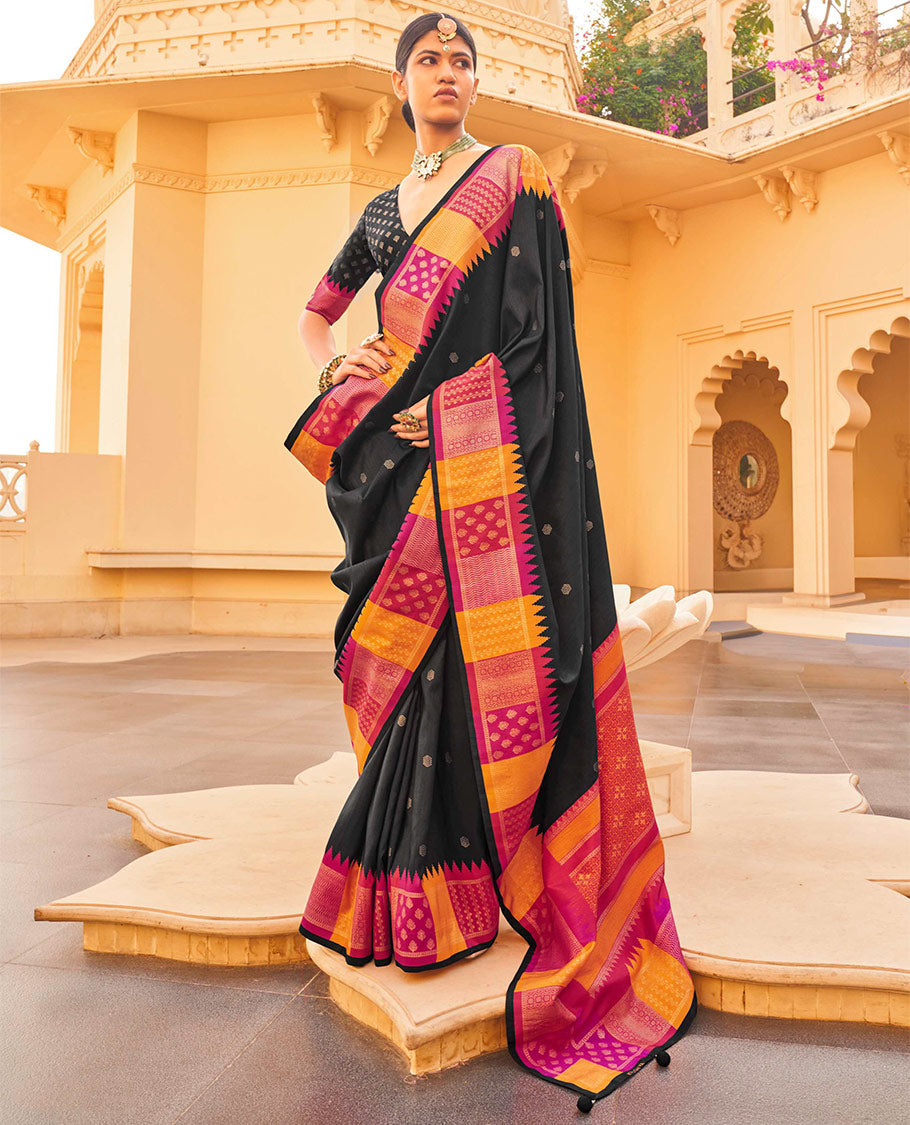 Black Designer Saree, Woven with Buttas, Complemented by a Contrast Temple Multi-Color Butta Woven Border, Intricate Pallu, and a Matching Blouse