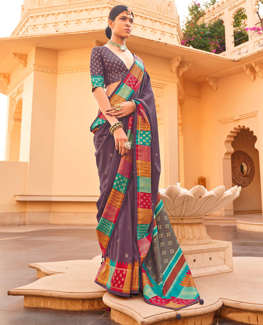 Brown Designer Saree, Detailed with Buttas, Complemented by a Contrast Temple Multi-Color Butta Woven Border, Intricate Pallu, and a Matching Blouse