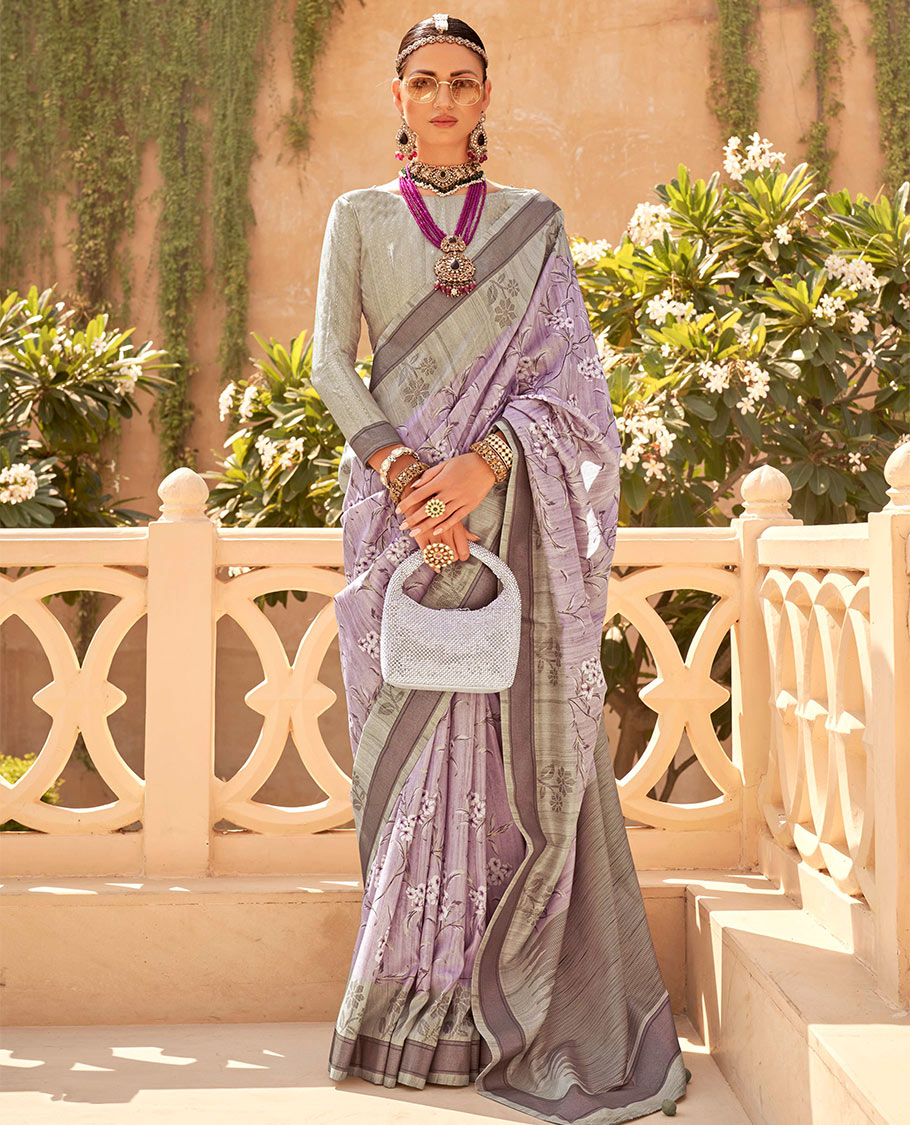 Light lavender base floral vine printed designer catalog saree, contrast floral motifs border, and pallu of temple design