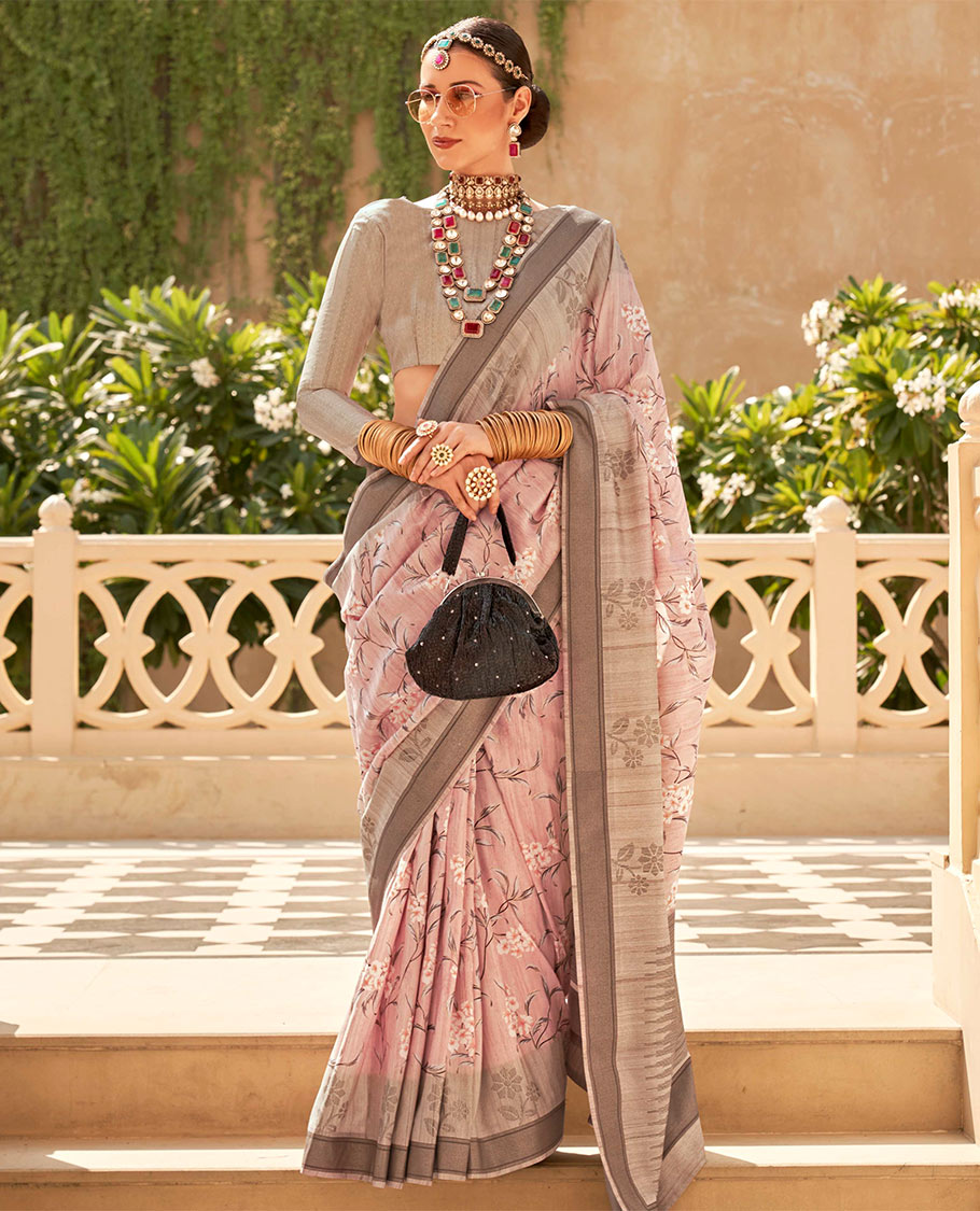 Pale pink floral vine printed designer catalog saree, contrast floral motifs border, and pallu of temple design