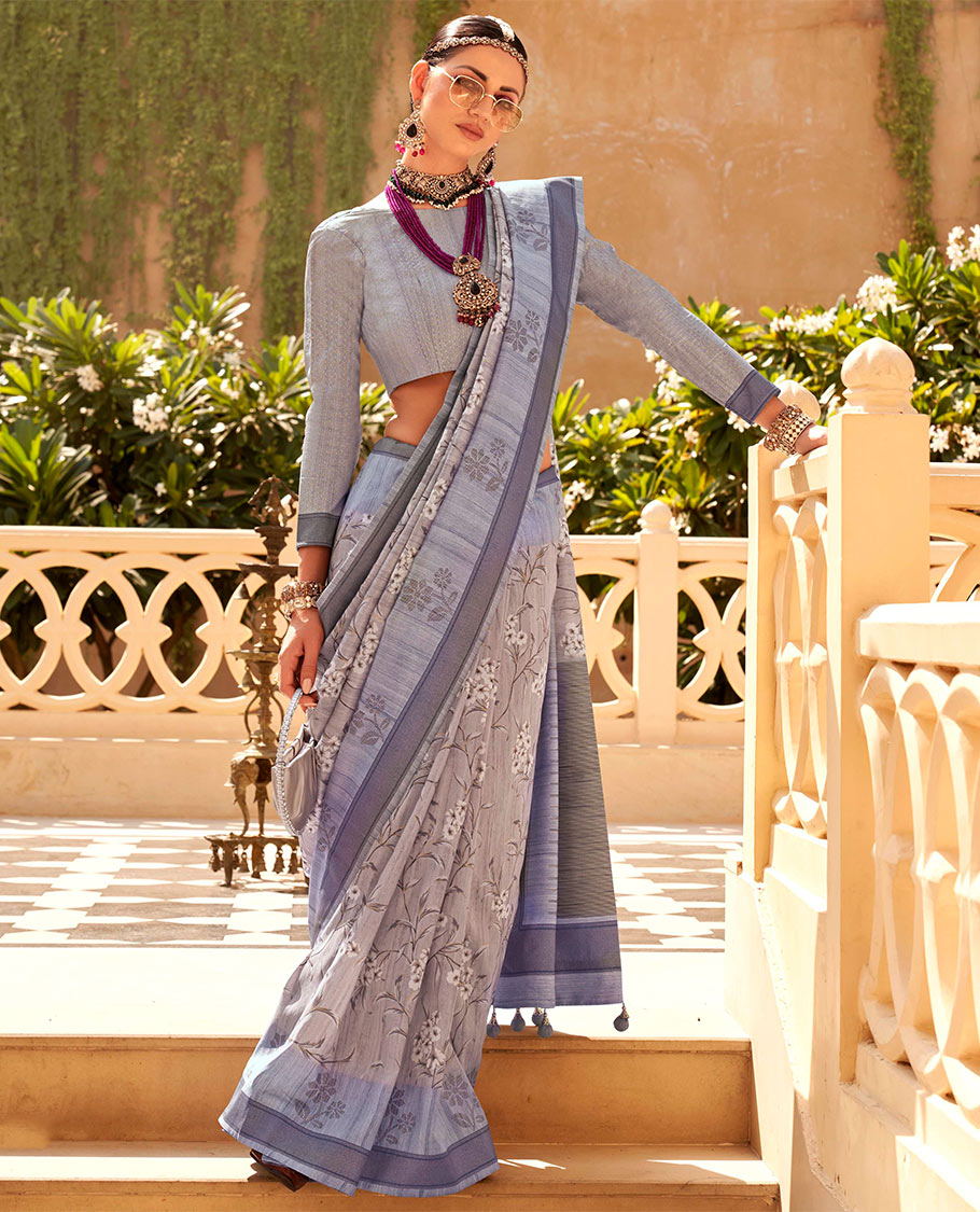 Grey and blue floral vine printed designer catalog saree, contrast floral motifs border, and pallu of temple design
