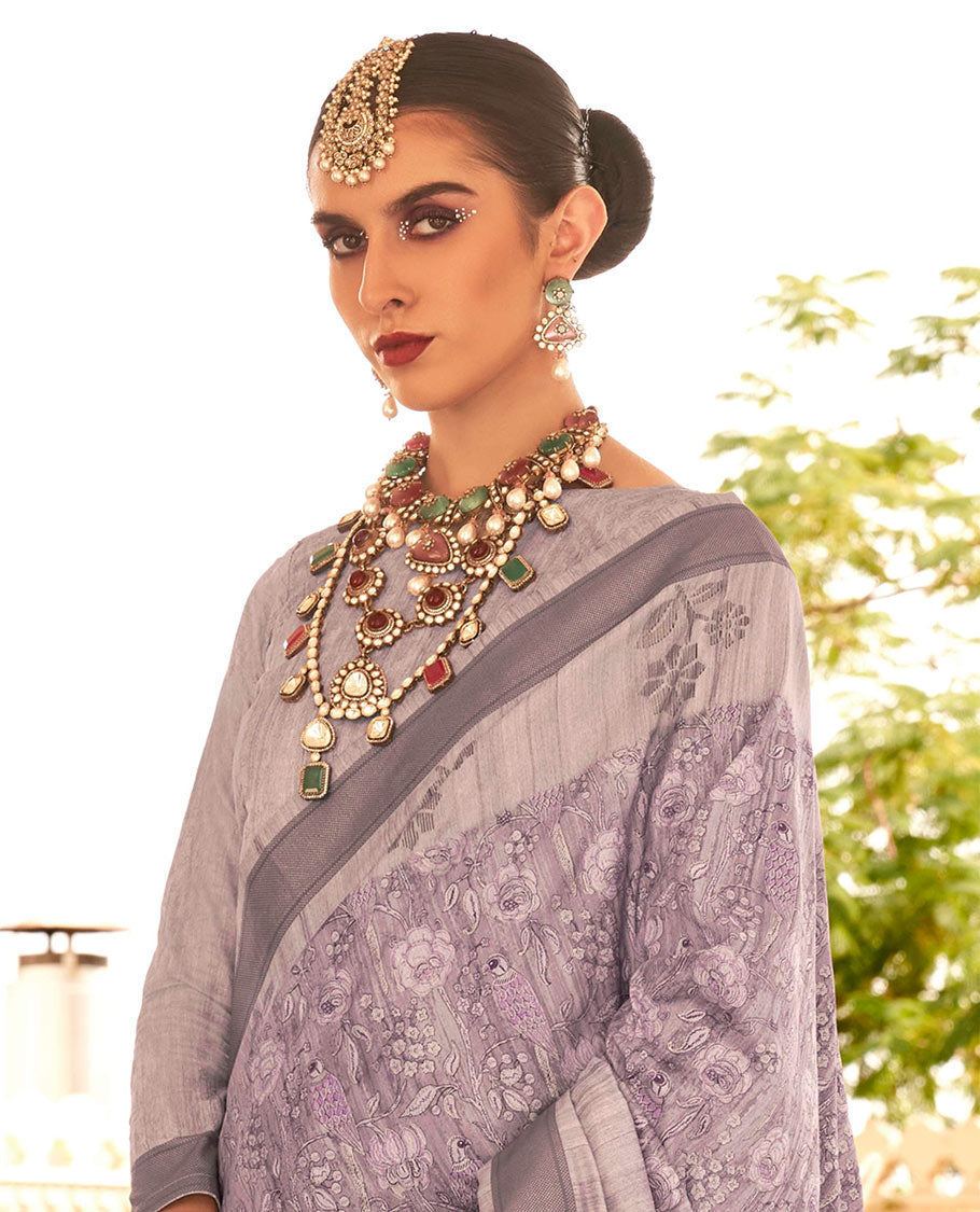 Light lavender floral motifs printed designer catalog saree, contrast floral motifs border, and pallu of temple plain pallu