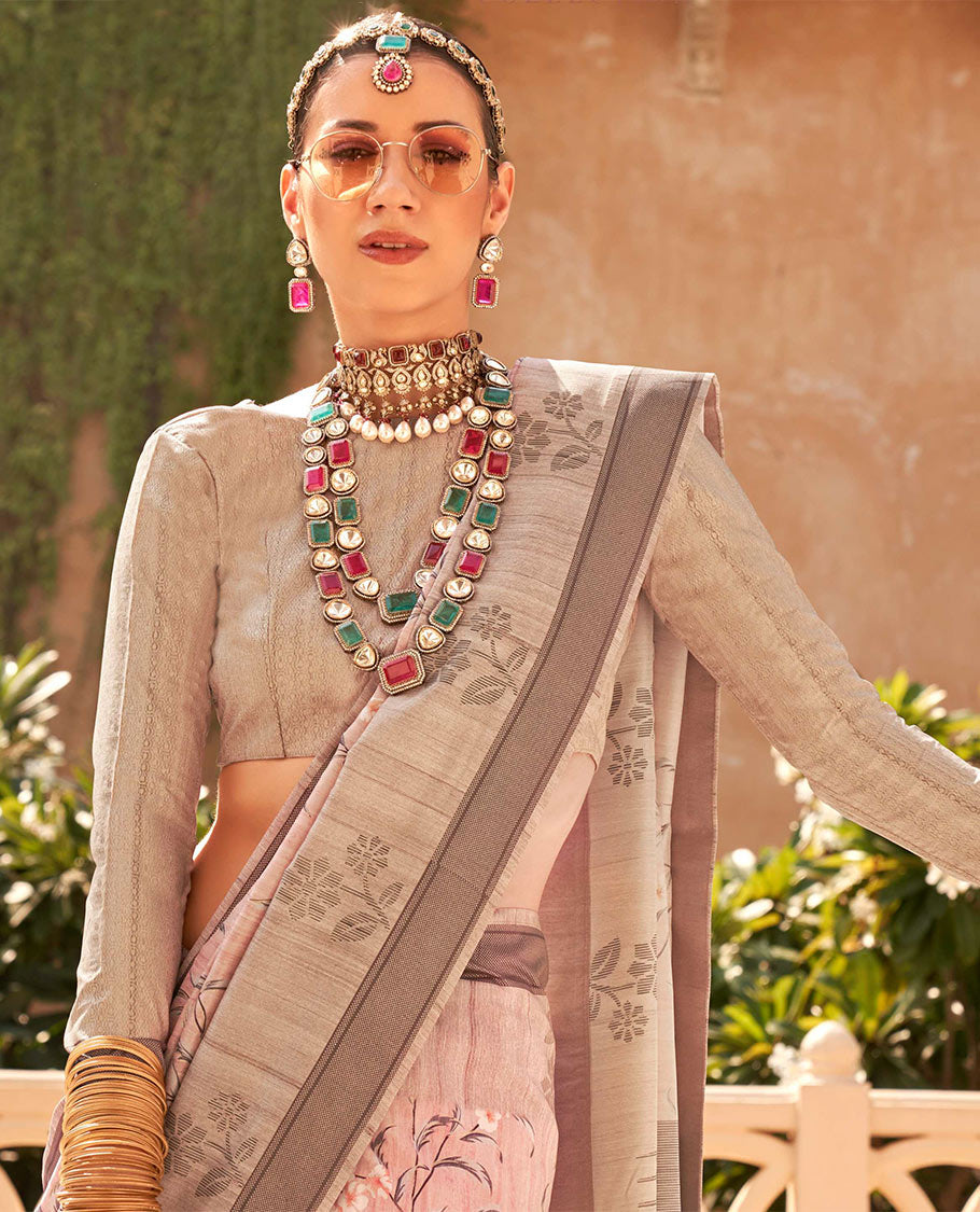 Pale pink floral vine printed designer catalog saree, contrast floral motifs border, and pallu of temple design