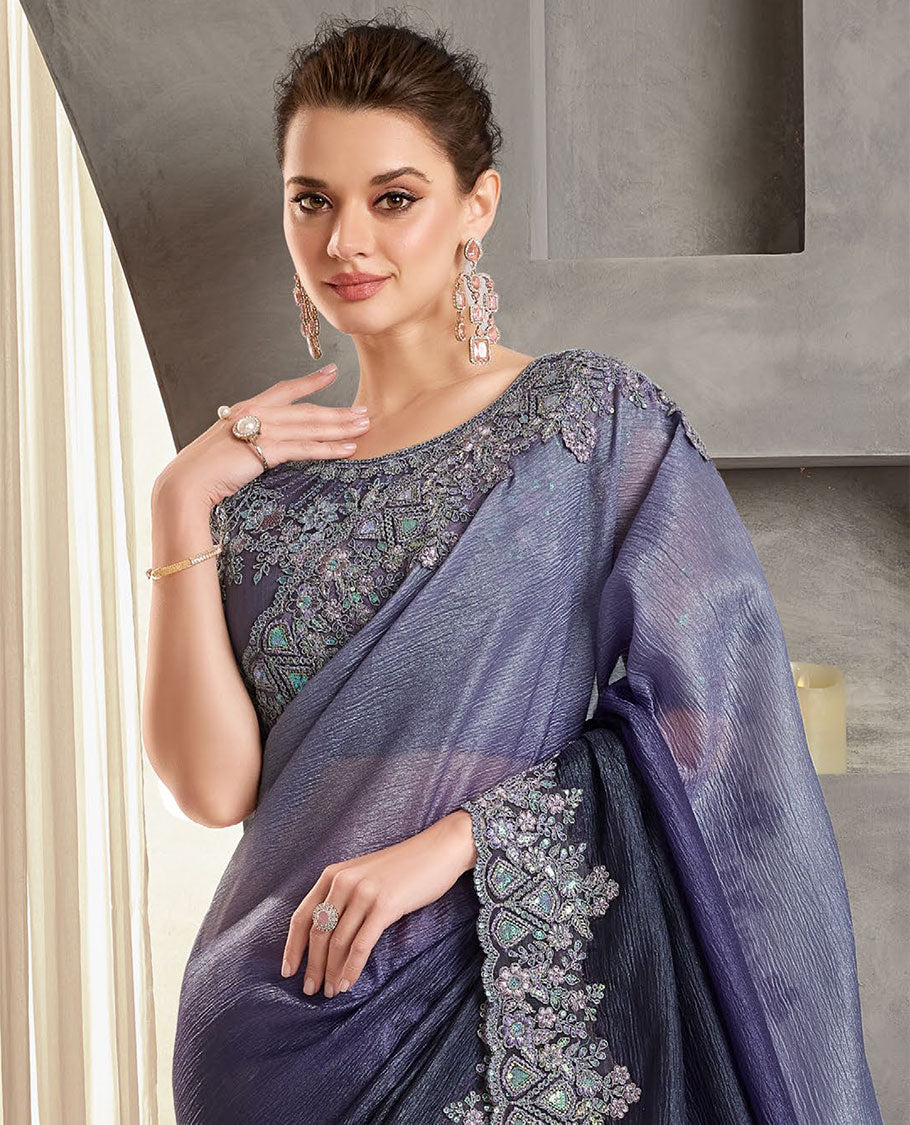 Dark blue catalouge designer saree with self floral embroidery border