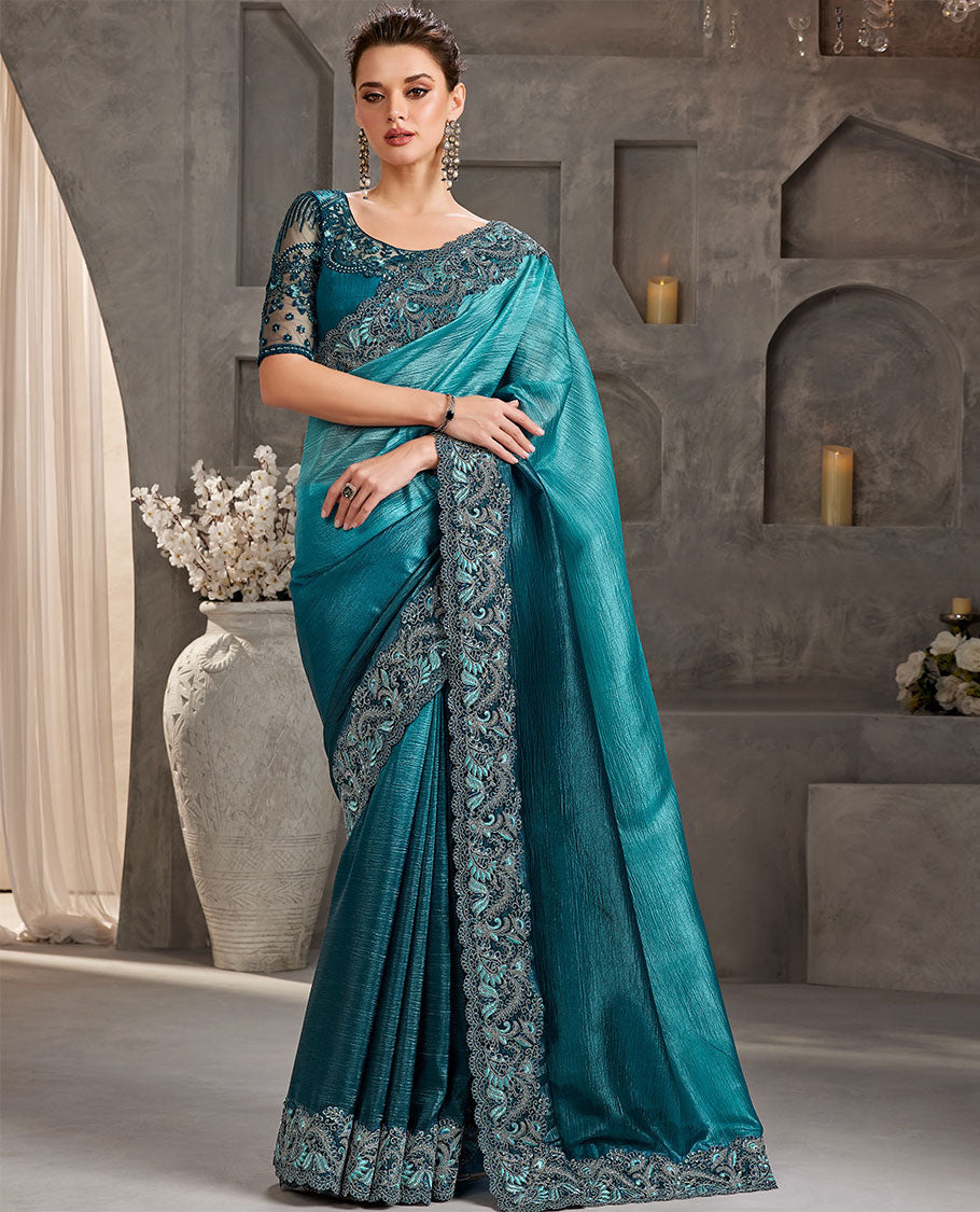 Sea green catalouge designer saree with self floral embroidery border
