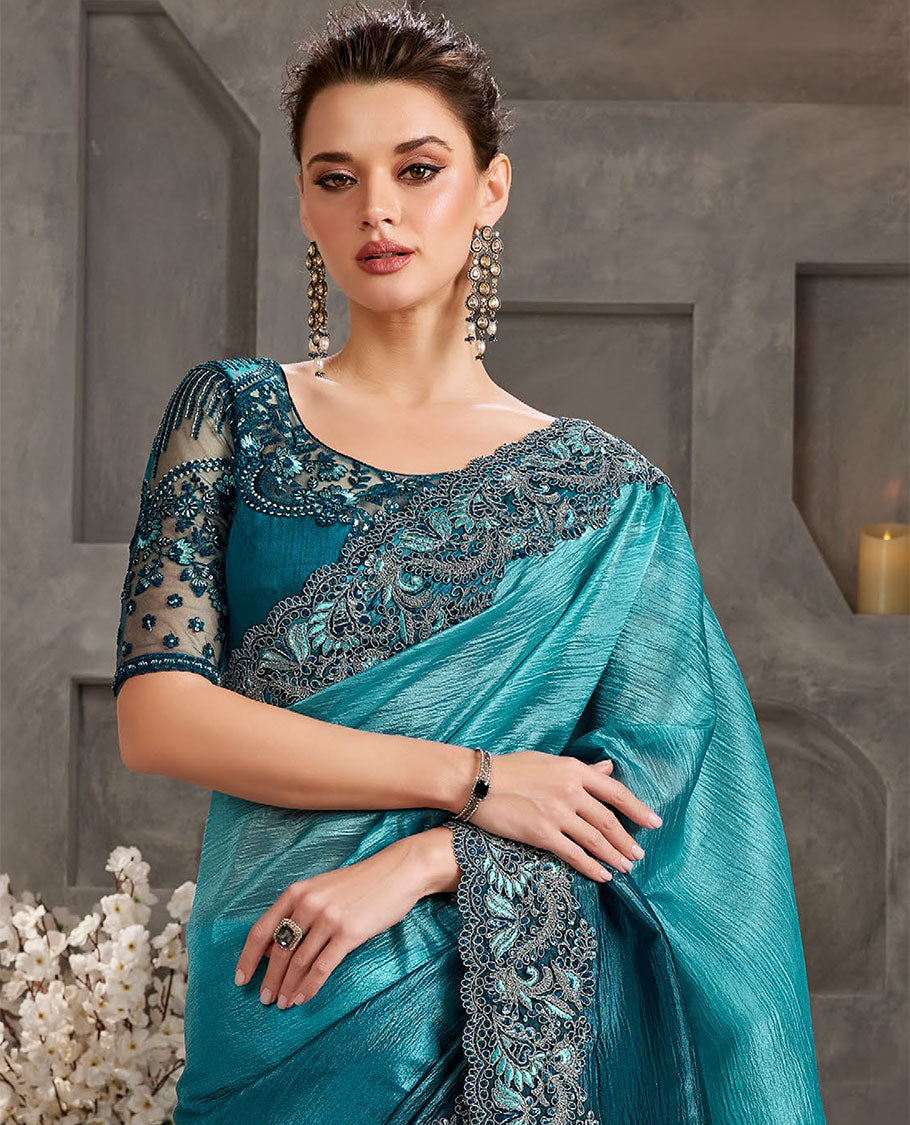 Sea green catalouge designer saree with self floral embroidery border