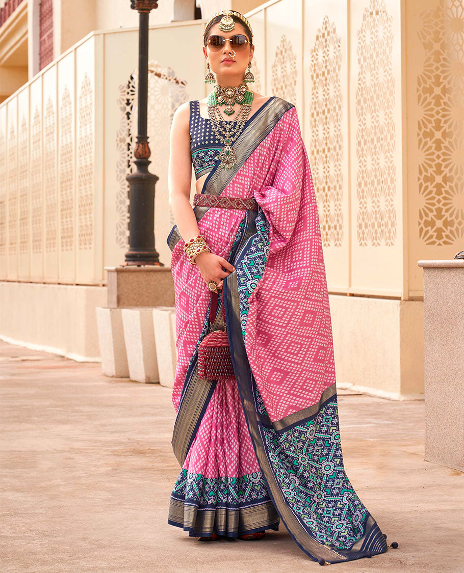 Pink-navy blue jaal patola designer catalog saree, contrast border and pallu of intricate patola weave
