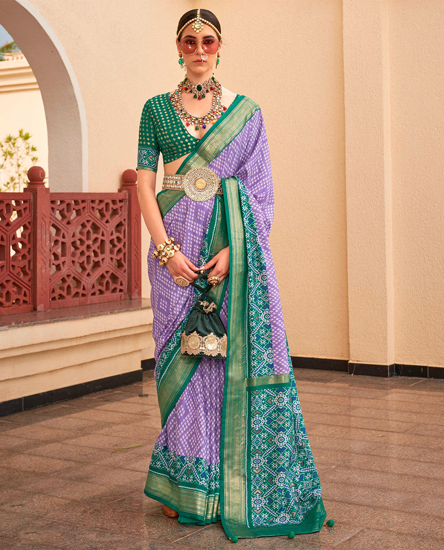 Lavender-green jaal patola designer catalog saree, contrast border and pallu of intricate patola weave