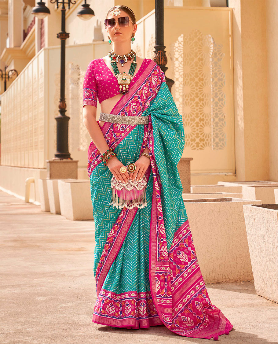 Blue-pink patola chevron striped designer catalog saree, contrast diamond ikkat border, and pallu of diamond patterns