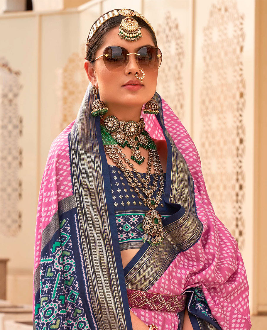 Pink-navy blue jaal patola designer catalog saree, contrast border and pallu of intricate patola weave