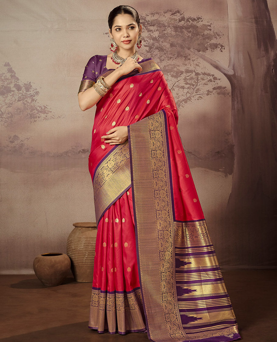 Red Paithani Designer Catalog Saree, Graced with Zari Buttas, a Contrast Traditional Zari Border, Temple Pallu, and a Contrast Blouse
