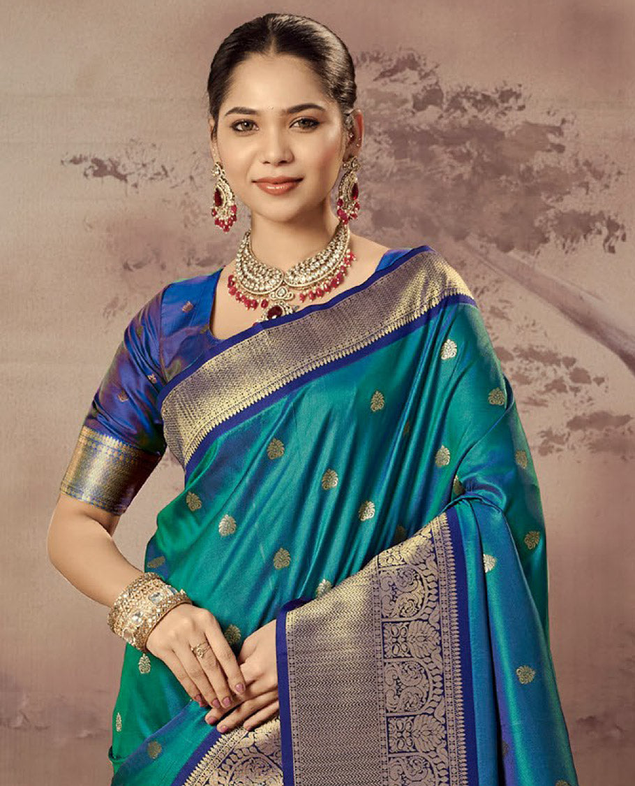 Peacock Blue Paithani Designer Catalog Saree, Embellished with Zari Buttas, a Contrast Traditional Zari Border, Temple Pallu, and a Contrast Blouse