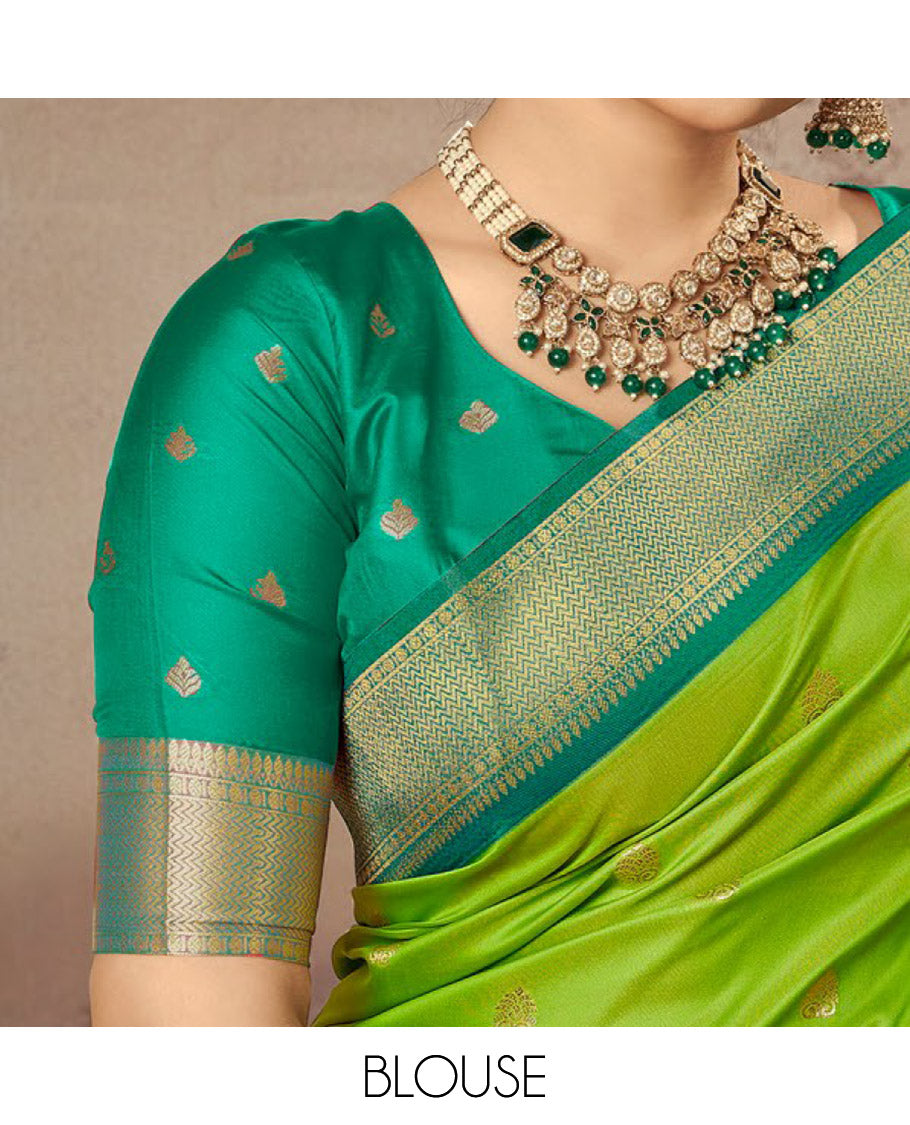Parrot Green Paithani Designer Catalog Saree, Ornamented with Zari Buttas, a Contrast Traditional Zari Border, Temple Pallu, and a Contrast Blouse