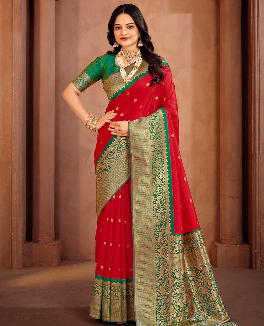 Red Art Silk Designer Catalog Saree, Woven with Zari Buttas, a Contrast Animal Motif Zari Border, Animal Motif Pallu, and a Contrast Blouse