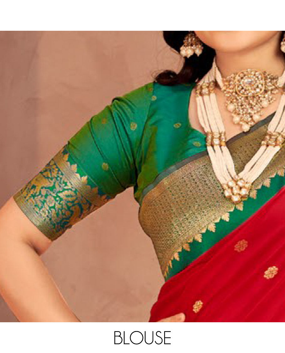 Red Art Silk Designer Catalog Saree, Woven with Zari Buttas, a Contrast Animal Motif Zari Border, Animal Motif Pallu, and a Contrast Blouse