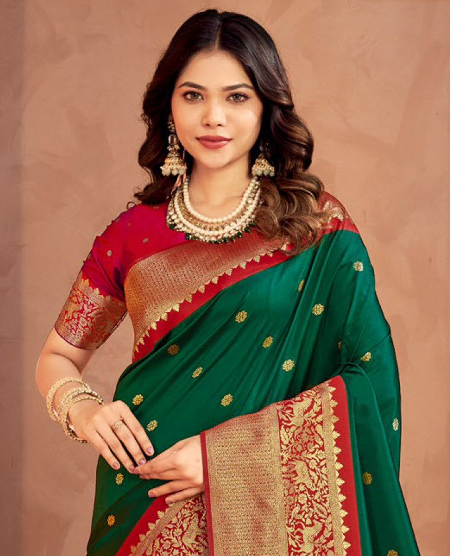 Green Art Silk Designer Catalog Saree, Woven with Zari Buttas, a Contrast Animal Motif Zari Border, Animal Motif Pallu, and a Contrast Blouse