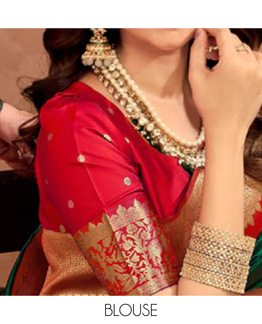 Green Art Silk Designer Catalog Saree, Woven with Zari Buttas, a Contrast Animal Motif Zari Border, Animal Motif Pallu, and a Contrast Blouse