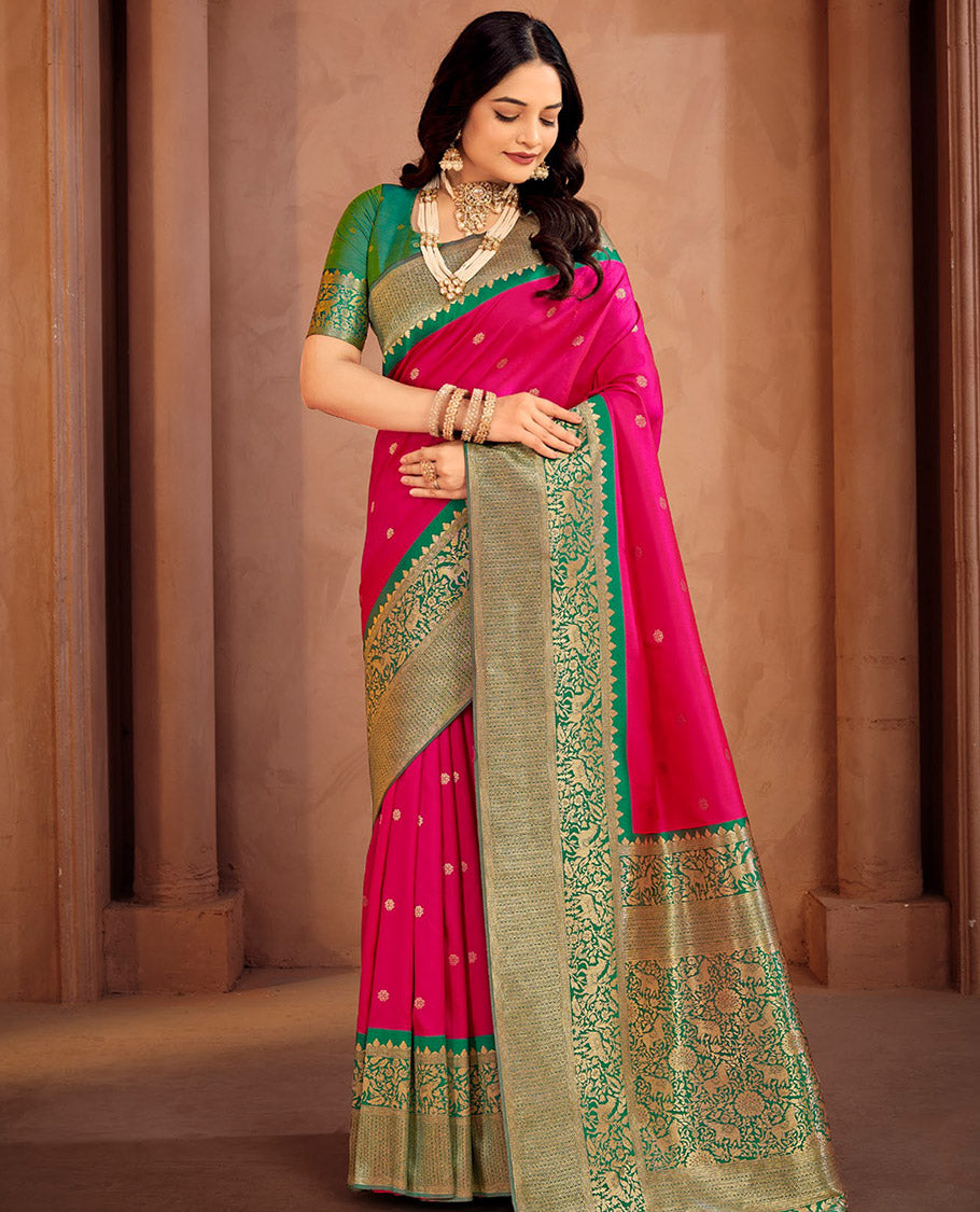Rani Pink Art Silk Designer Catalog Saree, Woven with Zari Buttas, a Contrast Animal Motif Zari Border, Animal Motif Pallu, and a Contrast Blouse