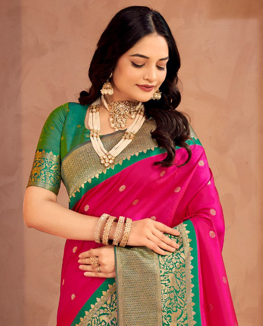 Rani Pink Art Silk Designer Catalog Saree, Woven with Zari Buttas, a Contrast Animal Motif Zari Border, Animal Motif Pallu, and a Contrast Blouse