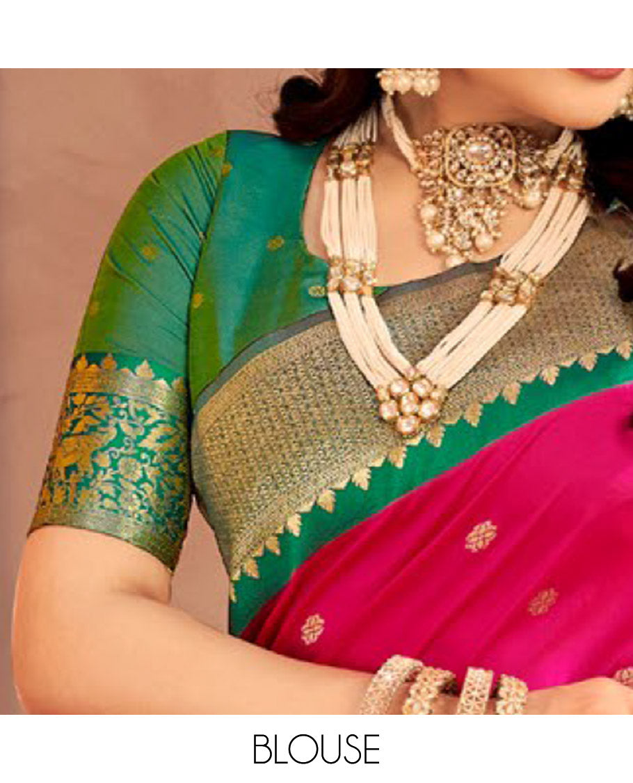 Rani Pink Art Silk Designer Catalog Saree, Woven with Zari Buttas, a Contrast Animal Motif Zari Border, Animal Motif Pallu, and a Contrast Blouse