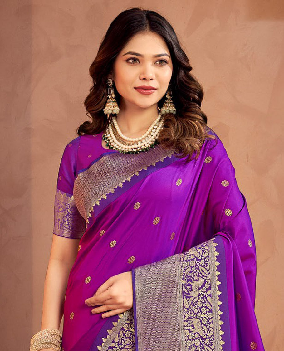 Purple Art Silk Designer Catalog Saree, Woven with Zari Buttas, a Contrast Animal Motif Zari Border, Animal Motif Pallu, and a Contrast Blouse