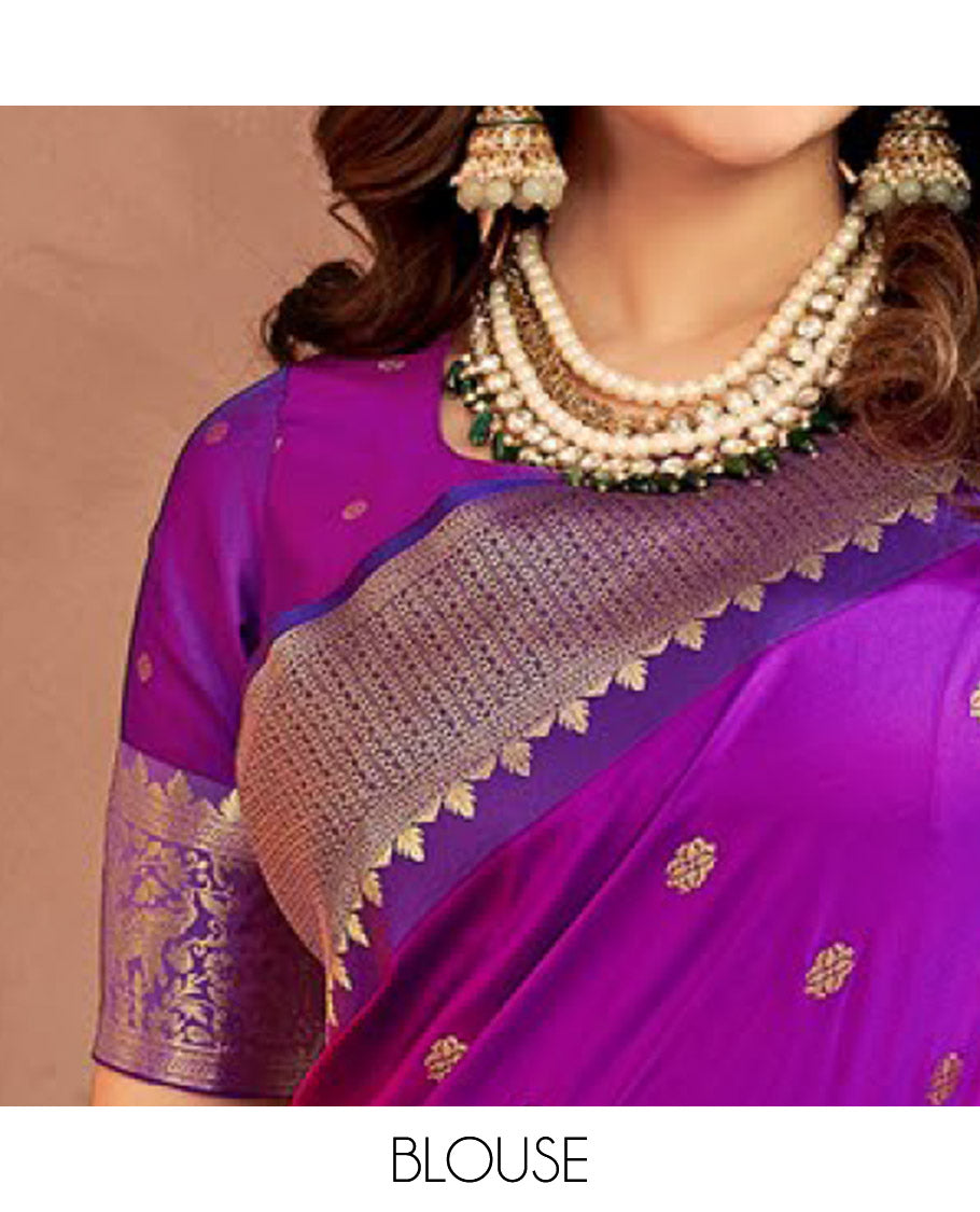 Purple Art Silk Designer Catalog Saree, Woven with Zari Buttas, a Contrast Animal Motif Zari Border, Animal Motif Pallu, and a Contrast Blouse