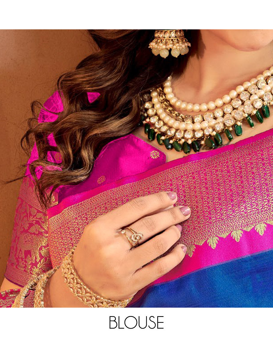 Royal Blue Art Silk Designer Catalog Saree, Woven with Zari Buttas, a Contrast Animal Motif Zari Border, Animal Motif Pallu, and a Contrast Blouse