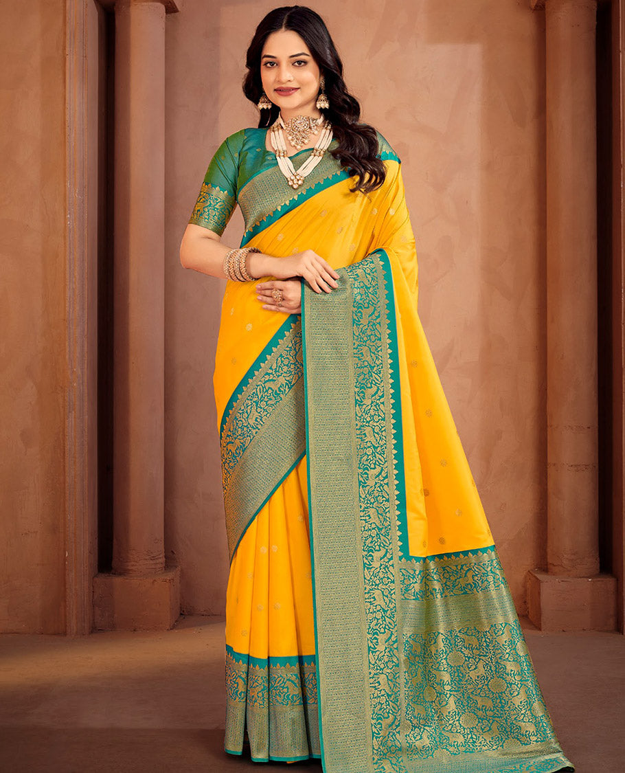 Yellow Art Silk Designer Catalog Saree, Subtly Sparkled with Zari Buttas, a Contrast Animal Motif Zari Border, Animal Motif Pallu, and a Contrast Blouse