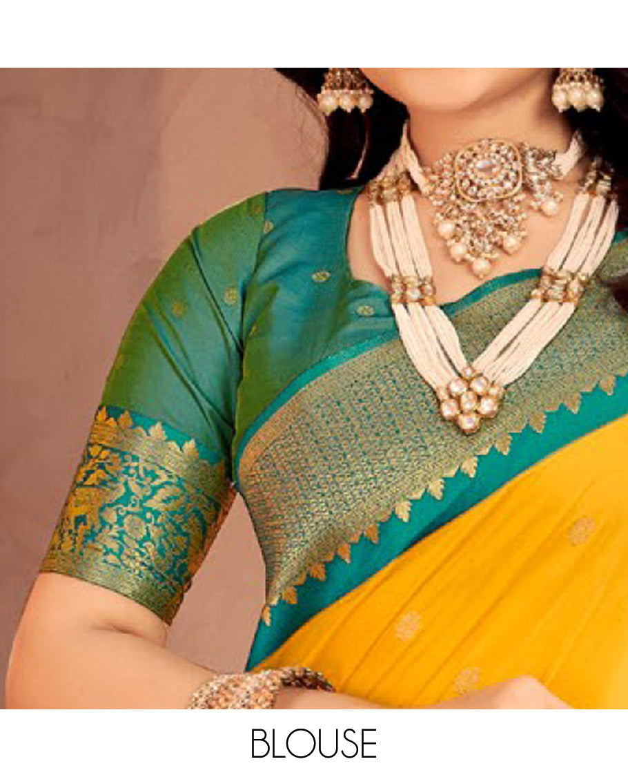 Yellow Art Silk Designer Catalog Saree, Subtly Sparkled with Zari Buttas, a Contrast Animal Motif Zari Border, Animal Motif Pallu, and a Contrast Blouse