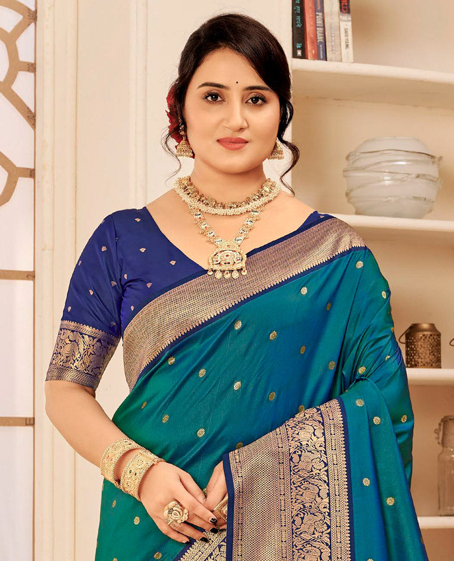 Peacock Blue Art Silk Designer Catalog Saree, Woven with Zari Buttas, a Contrast Traditional Zari Border, Gleaming Zari Pallu, and a Contrast Blouse