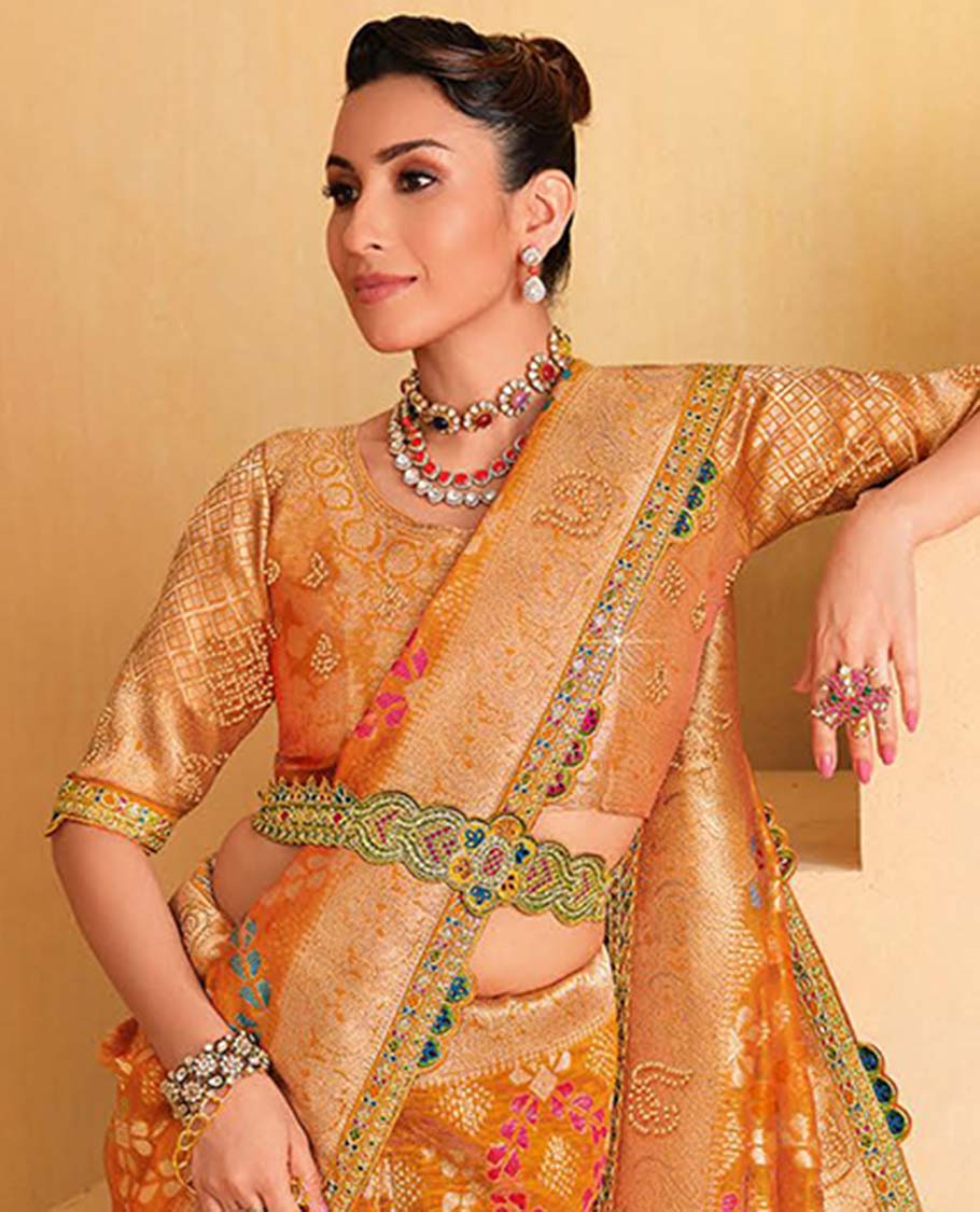 Organge floral embroidery designer catalogue saree with self floral emborered border