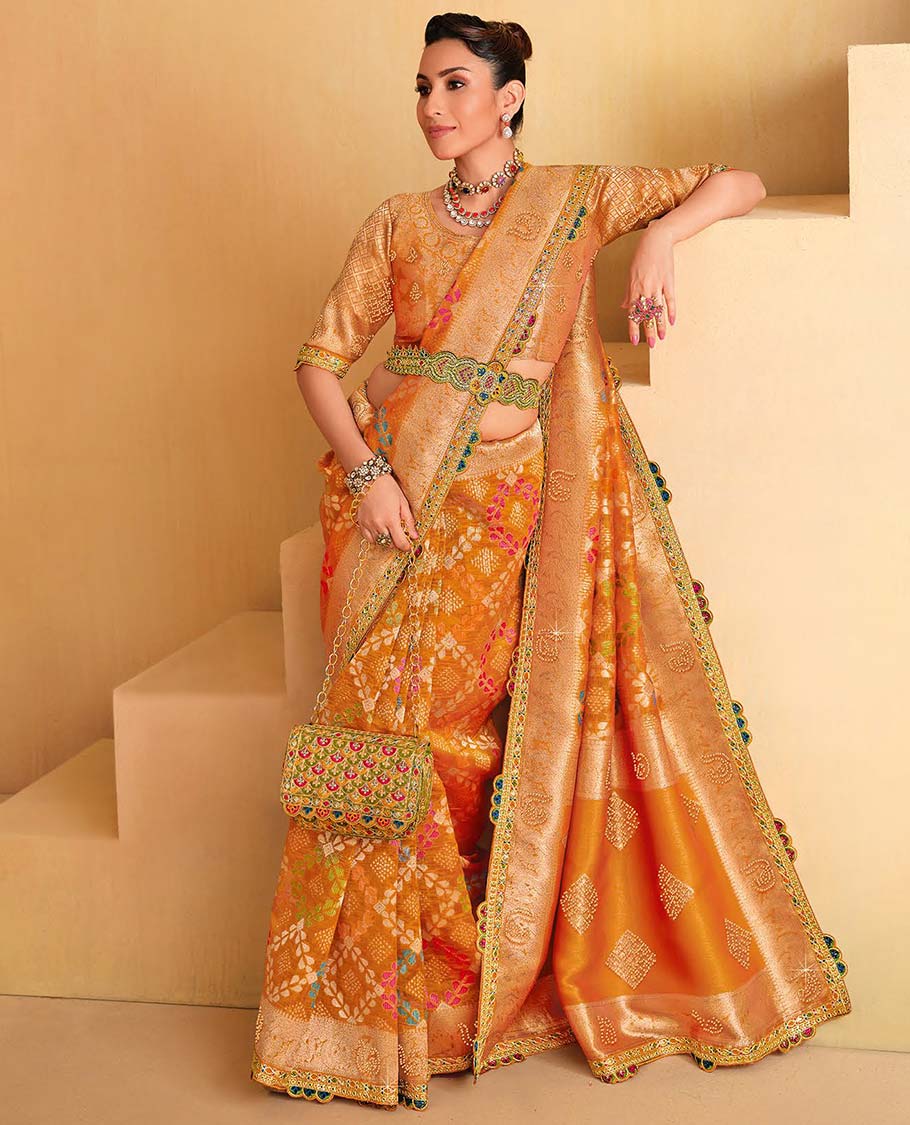 Organge floral embroidery designer catalogue saree with self floral emborered border
