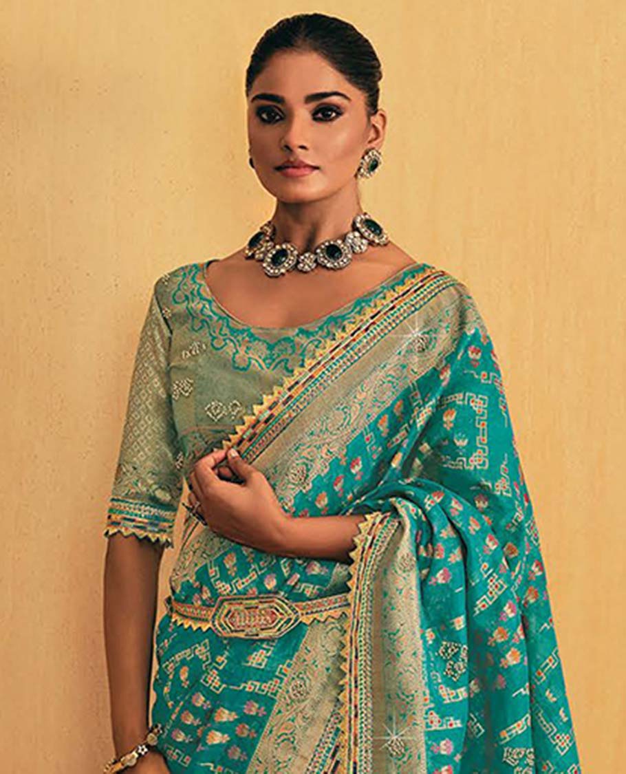 Blue geometric design designer catalouge saree with self zari border & intricate zari design pallu