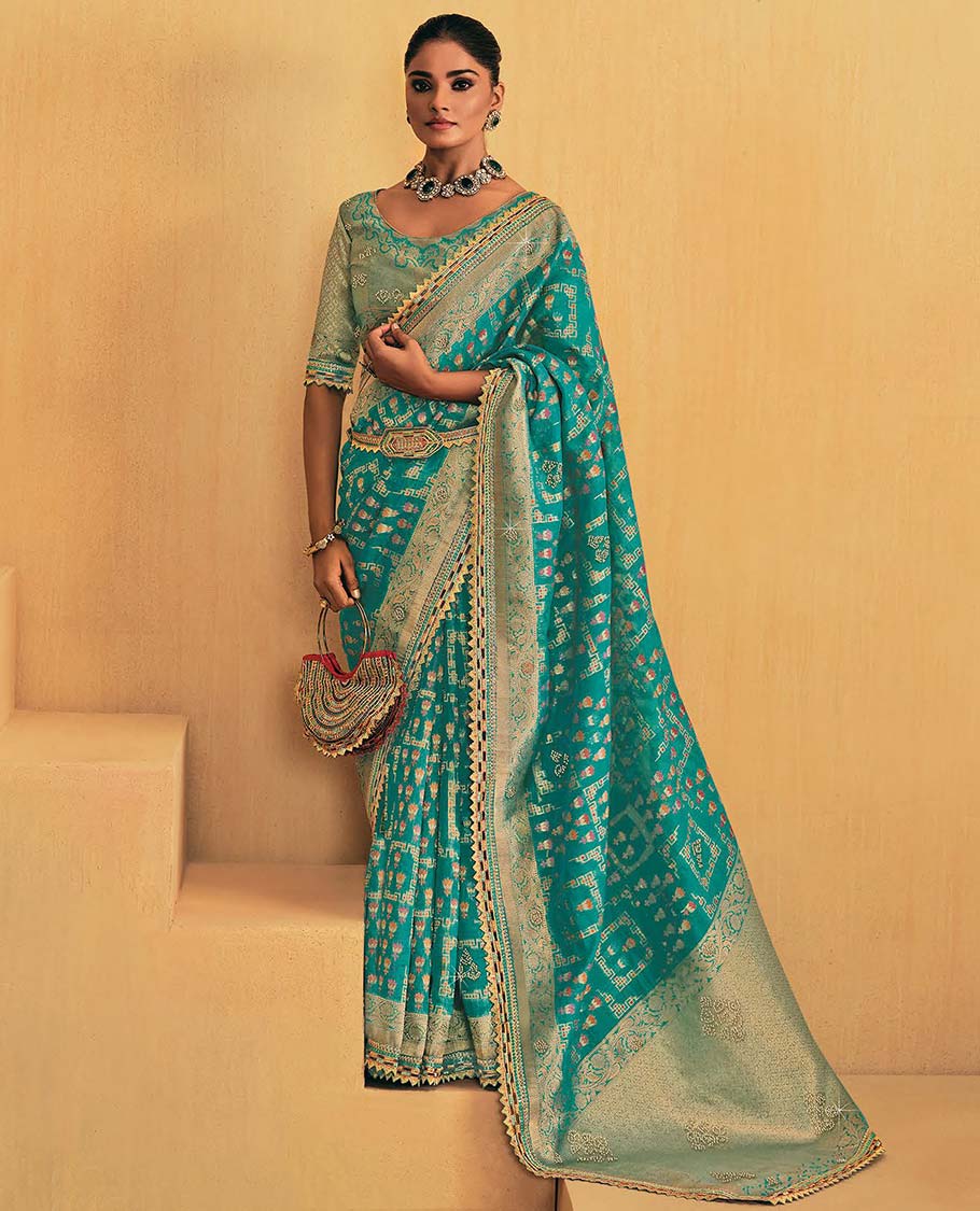 Blue geometric design designer catalouge saree with self zari border & intricate zari design pallu