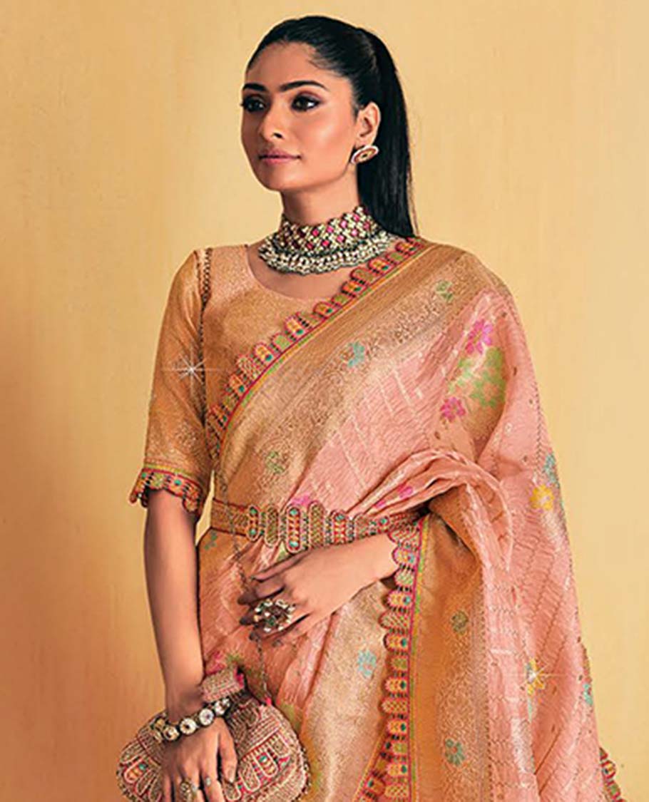 Pink floral embroidered designercatalogue saree with scallop border