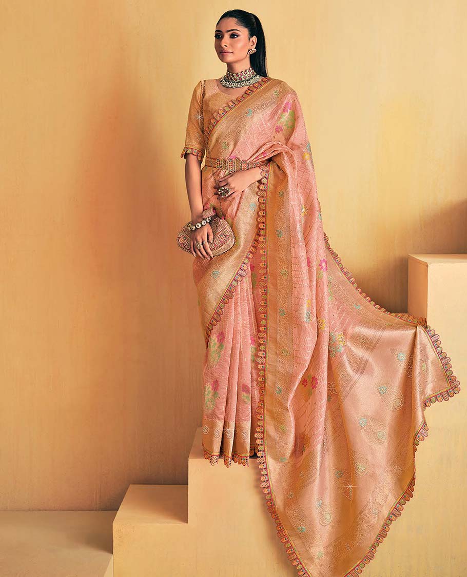 Pink floral embroidered designercatalogue saree with scallop border