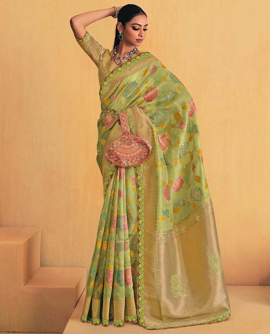 Green floral designer catalogue saree with scallop border