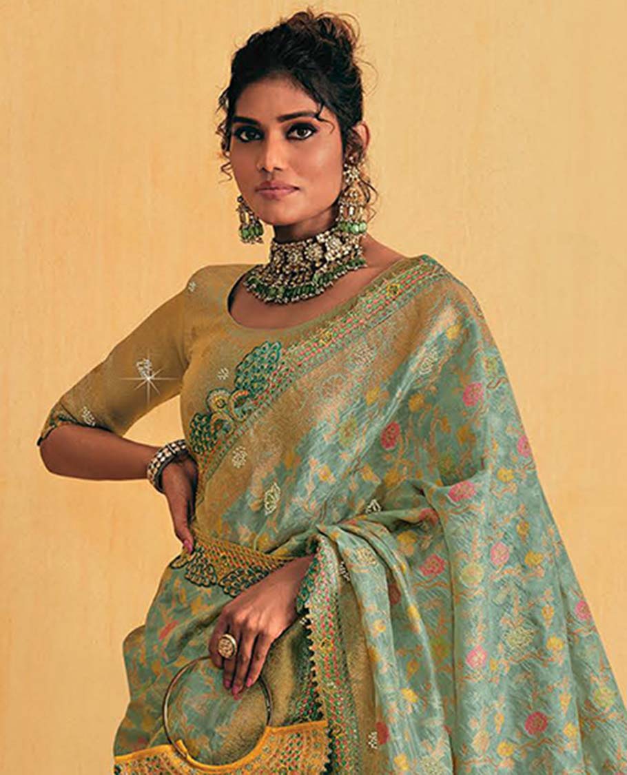 Green floral embroidery designer catalogue saree with scallop border