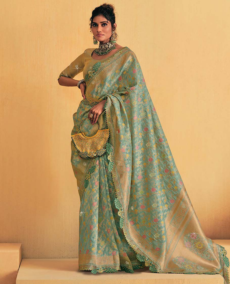 Green floral embroidery designer catalogue saree with scallop border