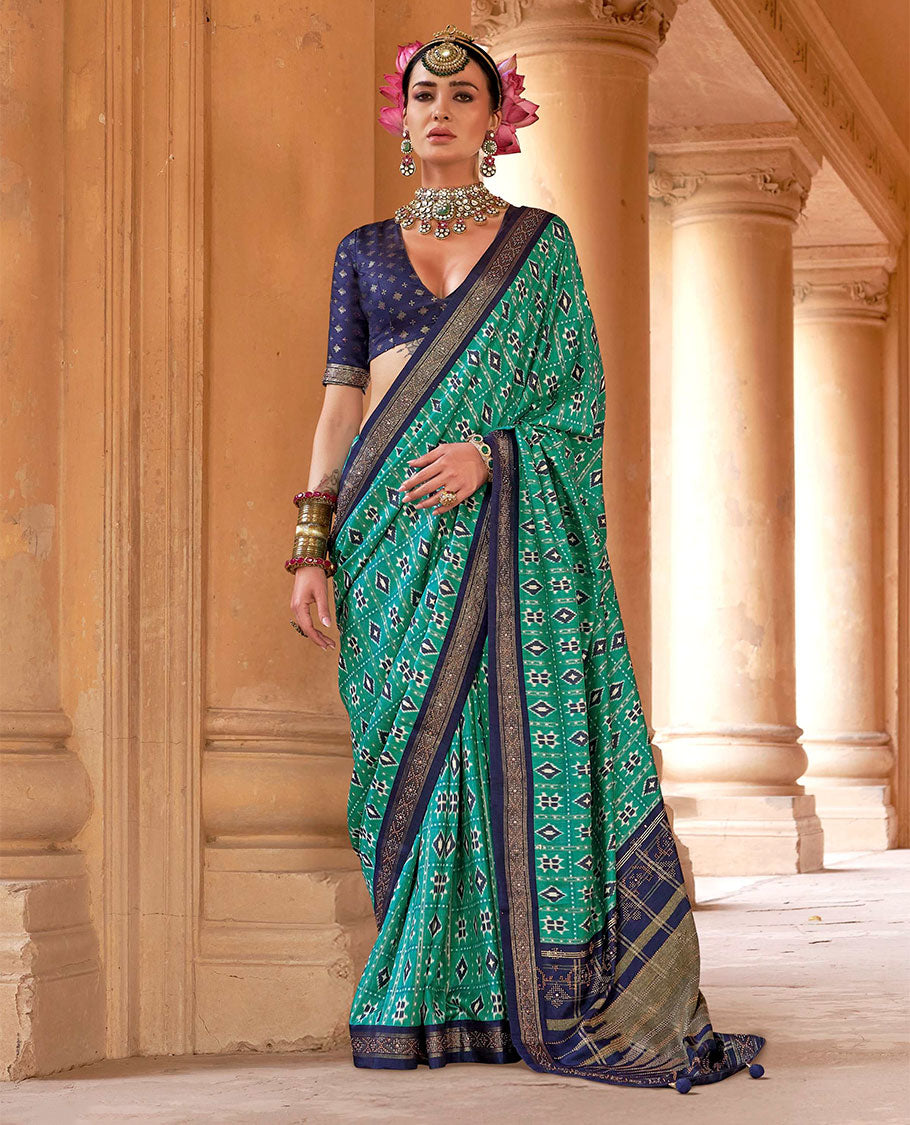 Green and navy blue buttas enclosed checked designer catalog saree, contrast stone work border, and pallu of temple design and stone work