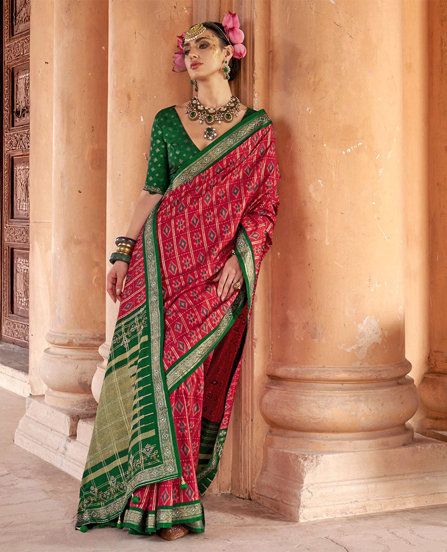 Red buttas enclosed checked designer catalog saree, contrast stone work border, and pallu of temple design and stone work