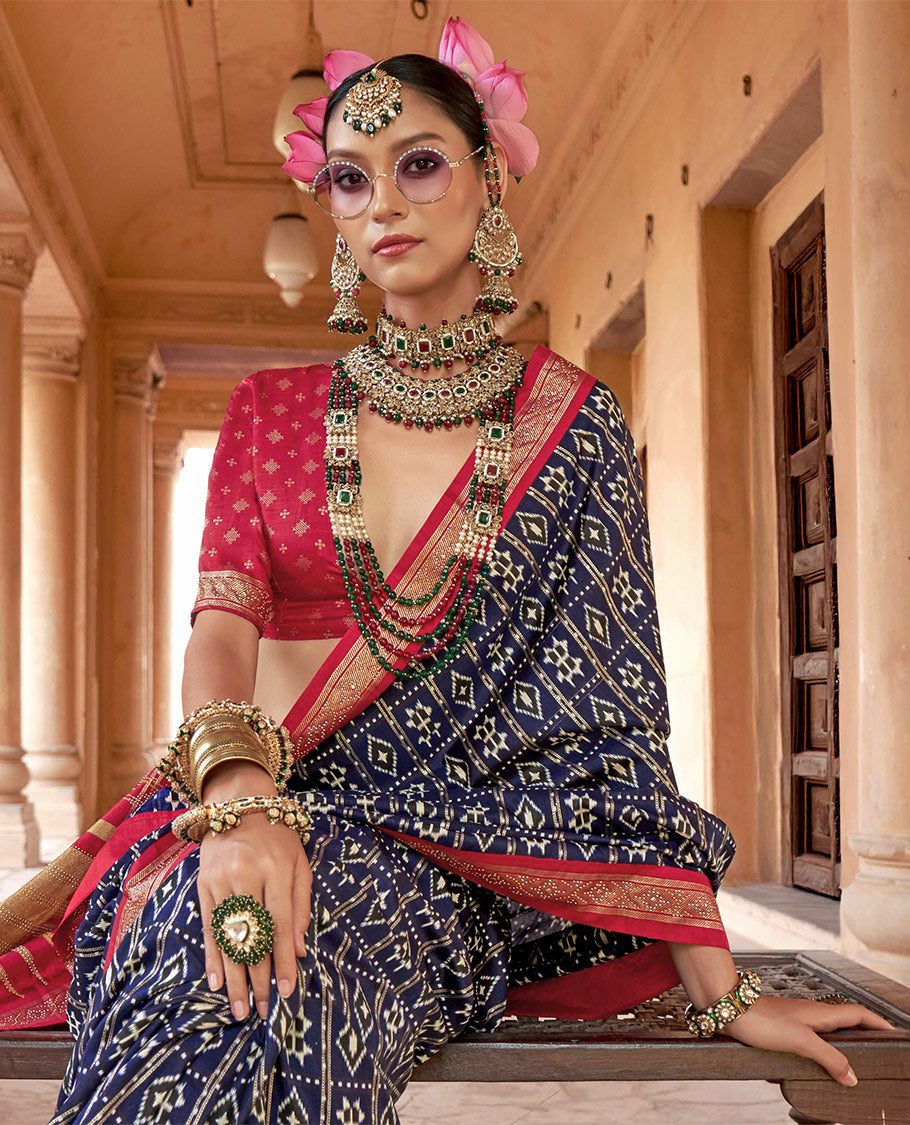 Navy Blue Designer Saree, Bedecked with Butta Enclosed Checks, Complemented by a Contrast Border, Temple Pallu, and a Contrast Blouse