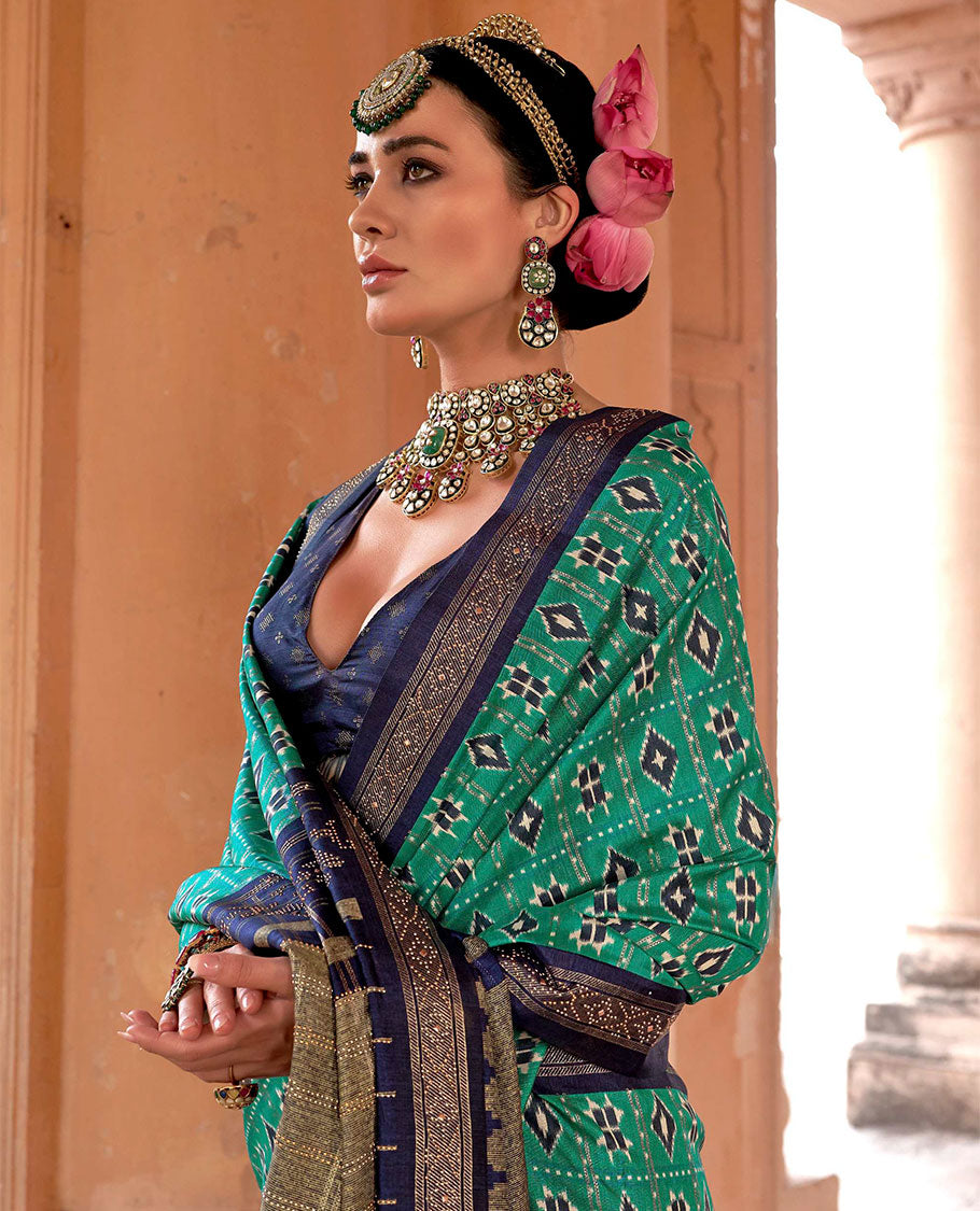 Green and navy blue buttas enclosed checked designer catalog saree, contrast stone work border, and pallu of temple design and stone work