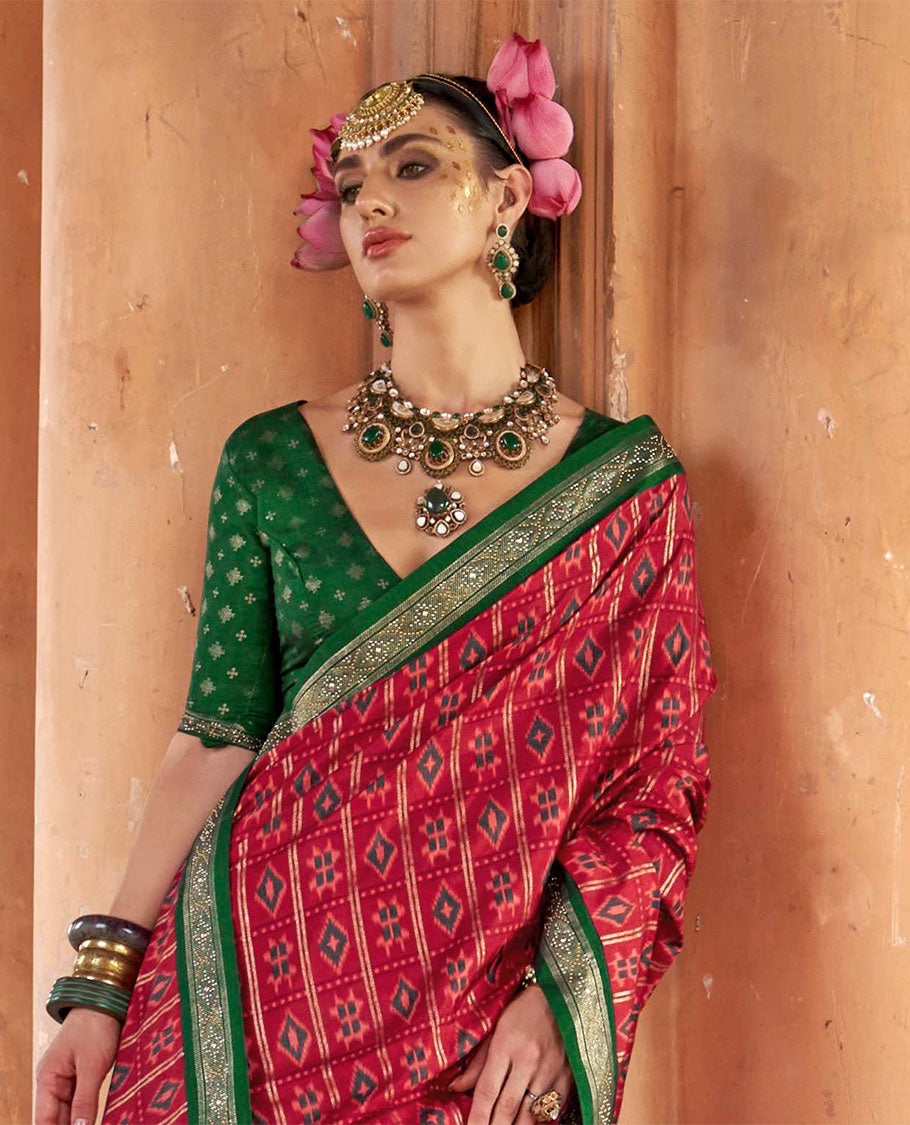 Red buttas enclosed checked designer catalog saree, contrast stone work border, and pallu of temple design and stone work