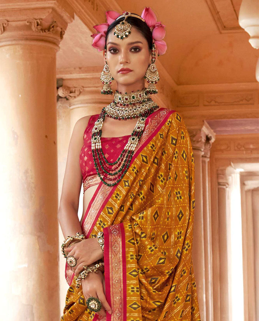 Mustard buttas enclosed checked designer catalog saree, contrast stone work border, and pallu of temple design and stone work