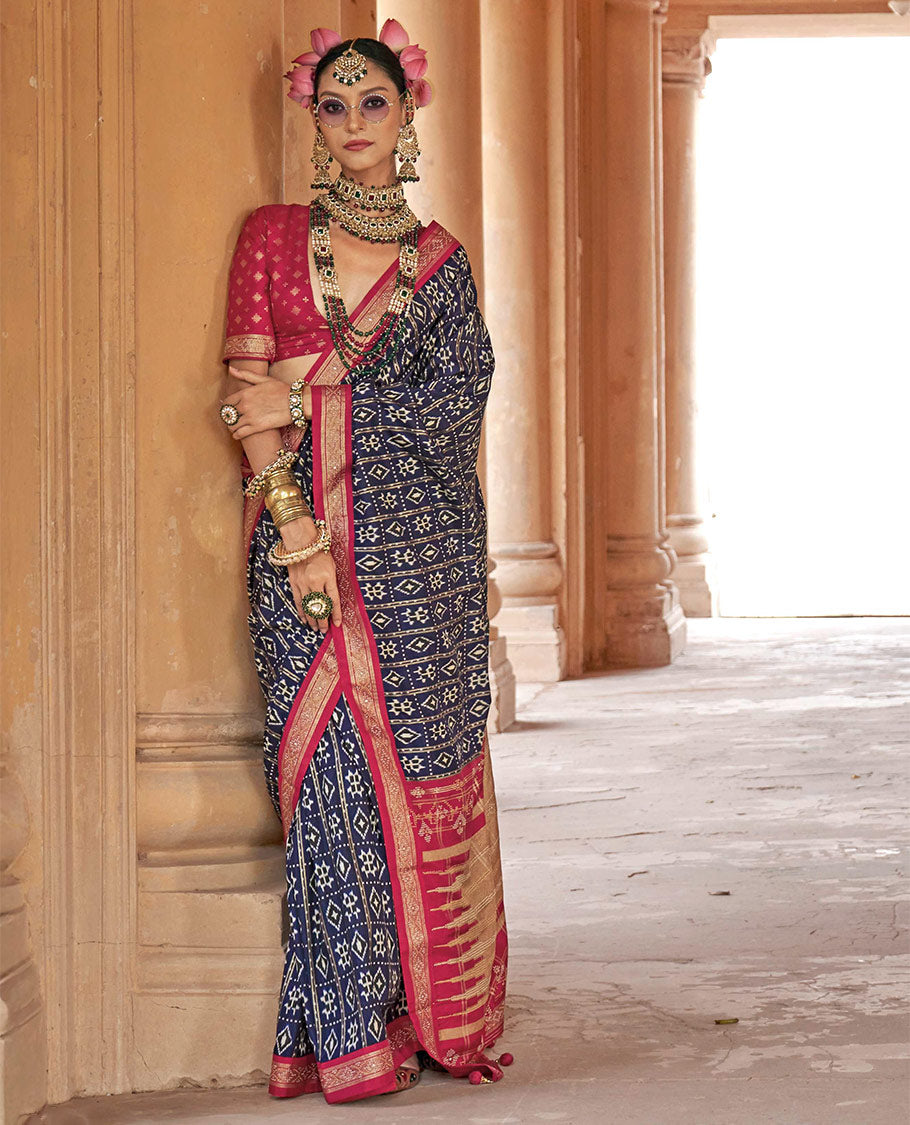 Navy Blue Designer Saree, Bedecked with Butta Enclosed Checks, Complemented by a Contrast Border, Temple Pallu, and a Contrast Blouse